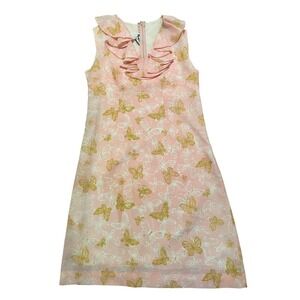 Vintage Mr. Winn Dress 1960 Pink Butterfly Ruffle Collar‎ V Neck Small GUC